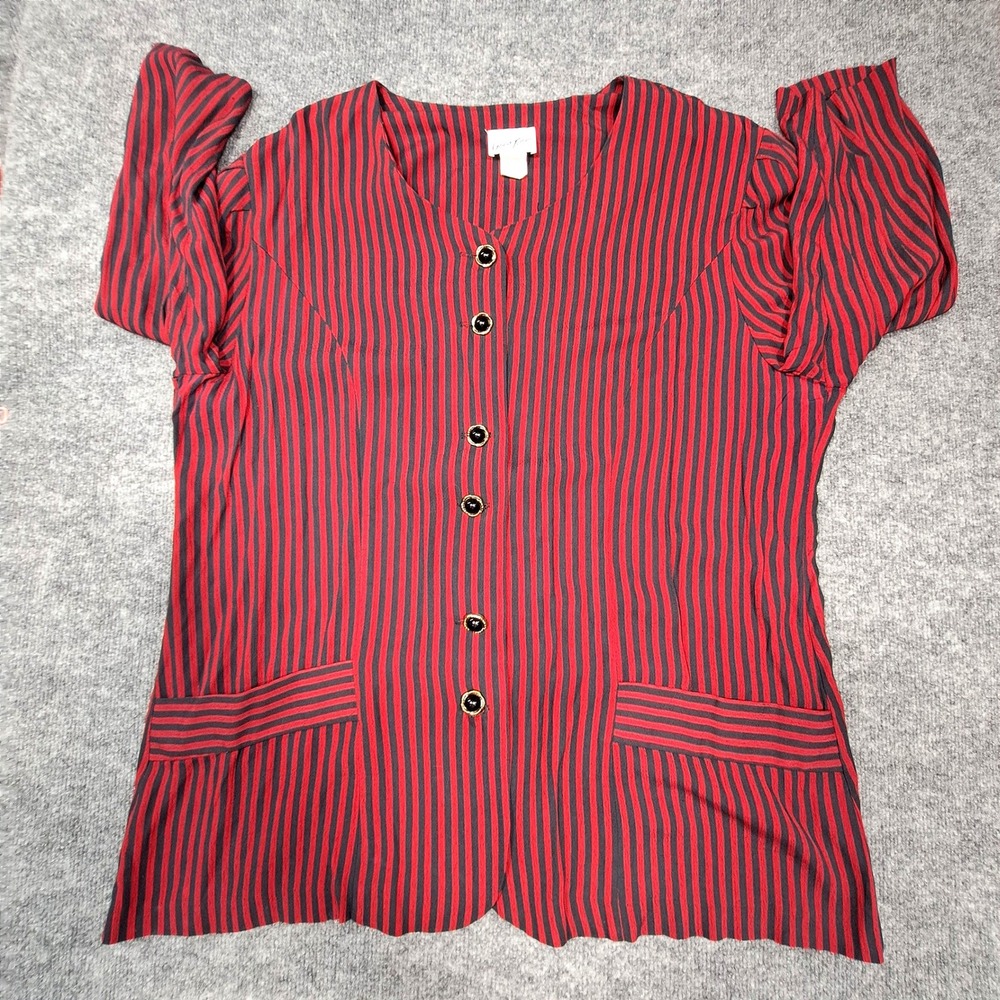 Vintage Good Times USA Red Black Striped Button Front Blouse Size 18 Made in USA